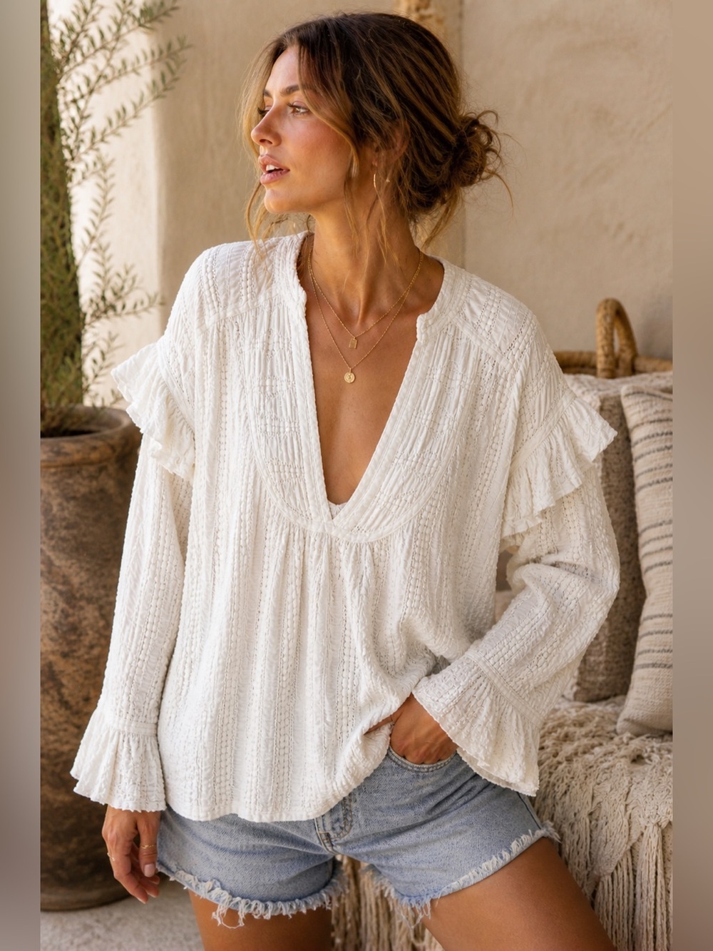 Free People romantic boho lace deep v cottagecore blouse ivory ruffle sleeve S